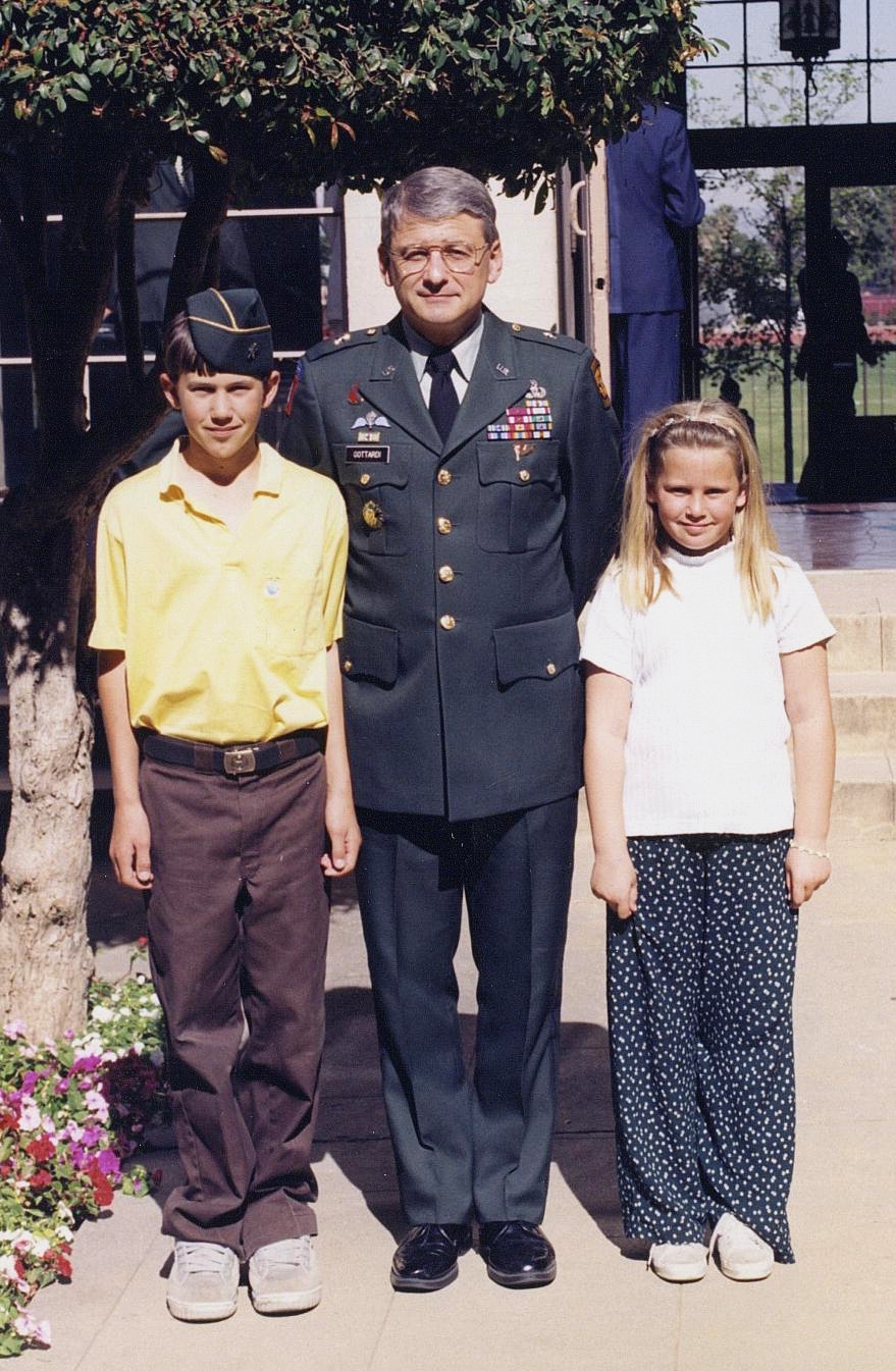 Jon J. Holmes, Brig General and Kimberly Holmes, at USC ROTC Awards Program, 1997.  The General has a Combat Jump Star on his Master Wings, from jumping into Panama.