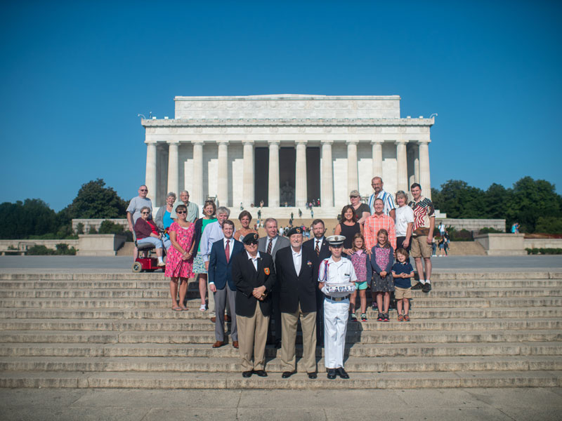 Gold Star family members and survivors of the August 23, 1969 Assault on FOB 4 at the Lincoln Memorial. Front row, left to right, Doug Godshall and Dan Thompson. Third row on left is Steve Bric, Gold Star brother of PFC William Henry Bric, III and honorary member of SFA C-78