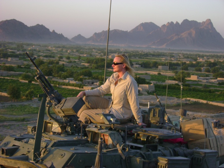 Alex Queade embedded with CCTs and STS, watching CAS over battle in valley below Sper Wan Gar OP, Apr 2007, Afghanistan. (Photographer Greg Danilenko, courtesy Alex Quade)