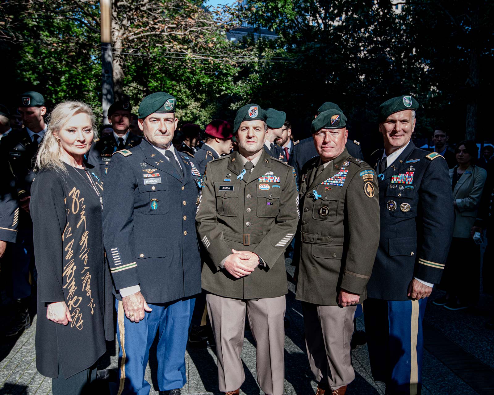 L-R: War Reporter Alex Quade, COL Pat Mahaney, MSG Ron Bucca, MG Robert Karmazin, COL Justin Sapp. (Photo by: William Hauser, Producer: Alex Quade)