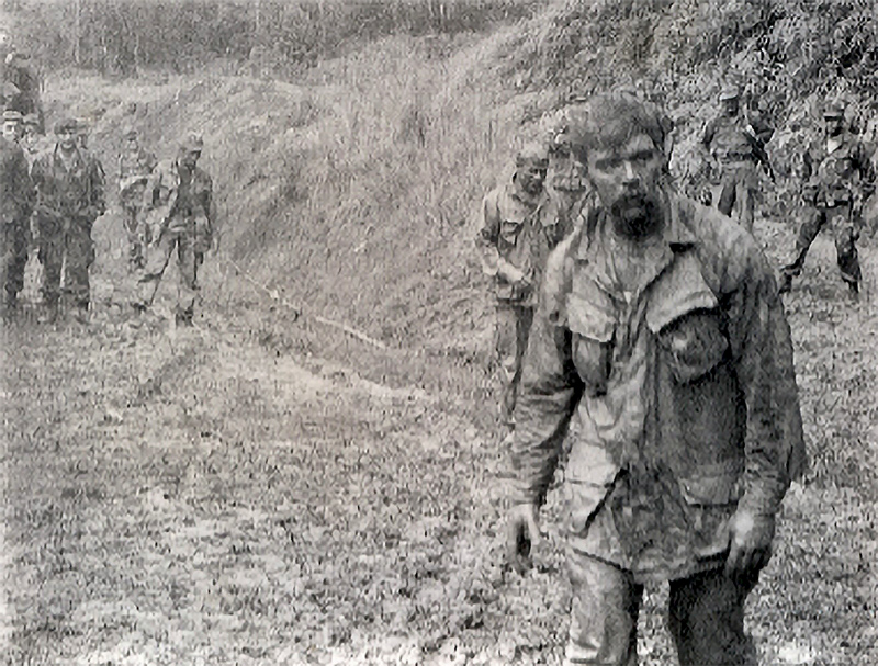 During an FTX to Puerto Rico in 1977, SGM Jakovenko (left rear) and VN veteran Mike Echanis put on a no-holds barred hand-to-hand demonstration. Jakovenko and Echanis were close friends and both exceptional martial artists. Mike would later describe "Big Jake" as one of the toughest men he'd ever met. (photo courtesy COL (ret) Juan Montes, 5th SFG(A))