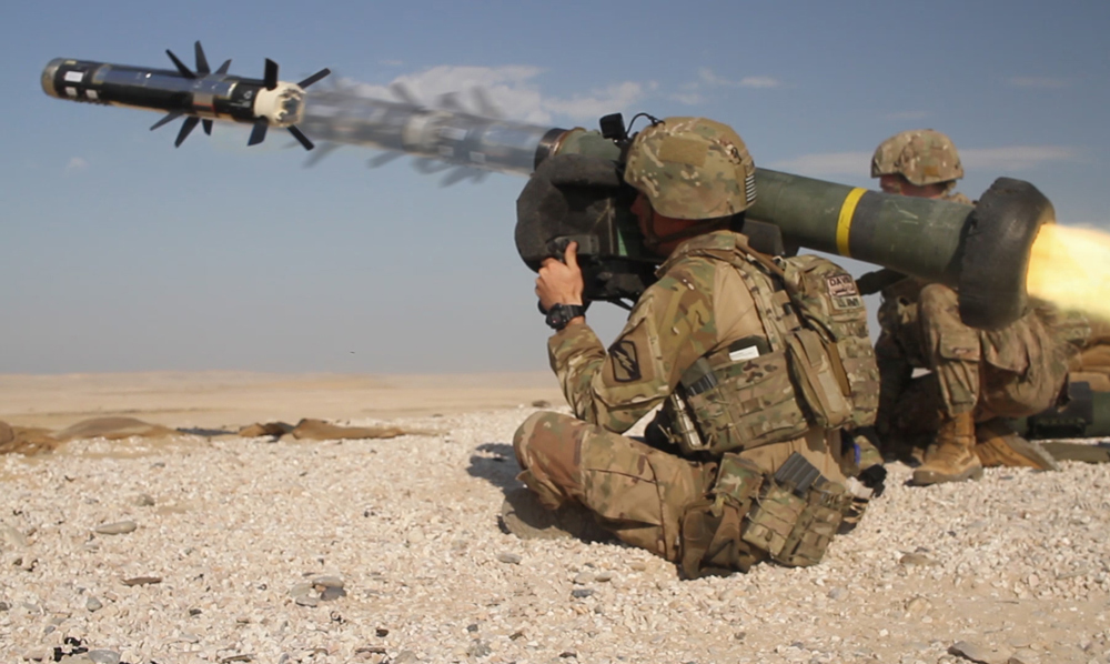 Multiple exposure photo of the firing of a Javelin missile