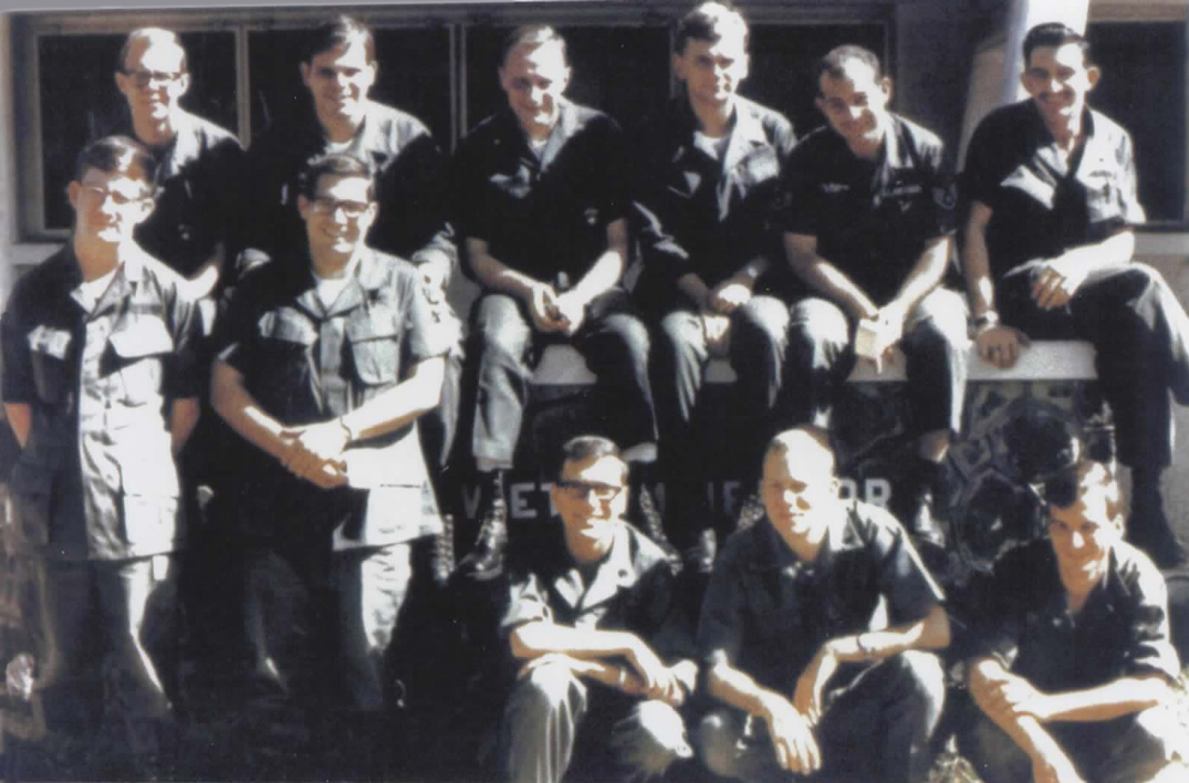 ABC-TV's Wheel of Fortune game show host with fellow troops at Armed Forces Radio Vietnam. Sajak is third from the right in the back row. (Photo courtesy Pat Sajak)