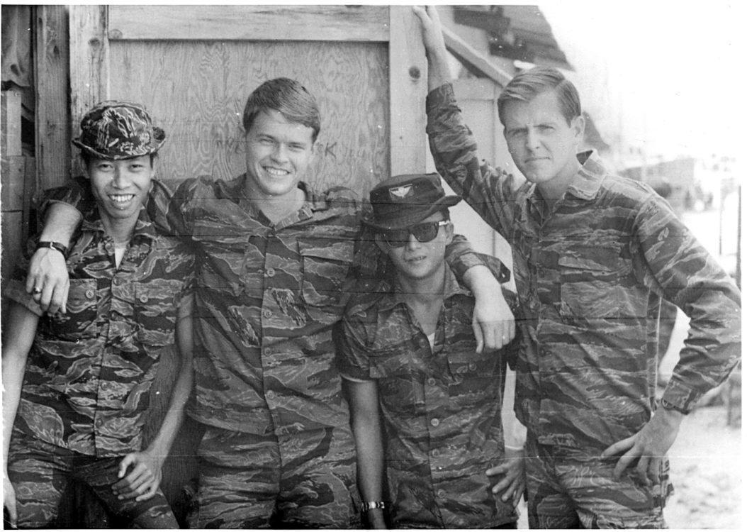 From the left: Nguyen Van Sau, John Stryker Meyer, Nguyen Cong Hiep and Lynne M. Black Jr., in front of RT Idaho team room at FOB 1, Phu Bai, fall of 1968. (Photo courtesy John Stryker Meyer)