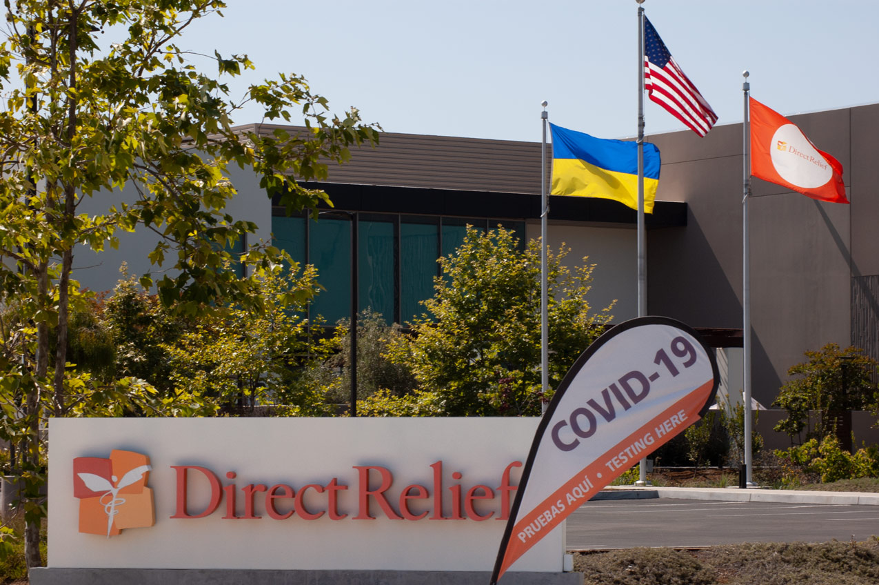 Direct Relief office displaying the flag of Ukraine next to the U.S. Flag