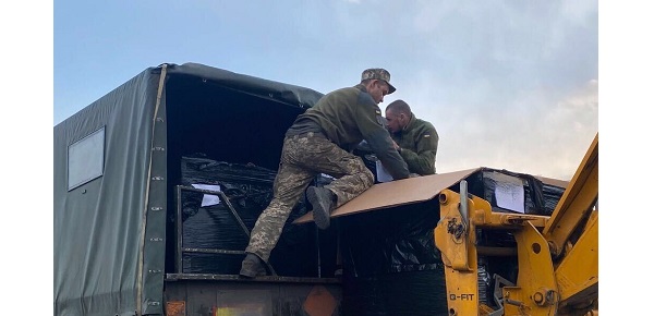 These Ukrainian soldiers had just returned from fighting in the Donbas region. They immediately loaded IFACs provided by Spirit of America onto their trucks and took them back to Donbas for their fellow soldiers on the front line. (Courtesy Spirit of America, photo by Colleen Denny, April 10, 2022)