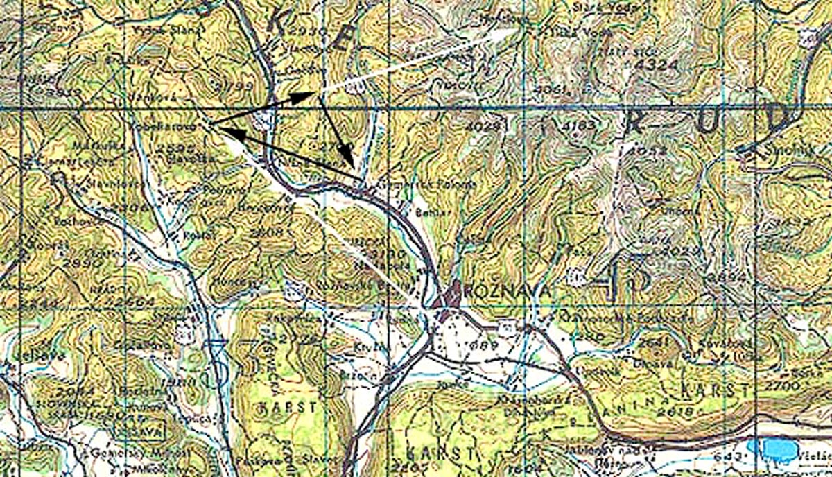 This map shows the location of the B-17 crash landing south of Rož?ava. White line shows the escape route for American airmen through Kobeliarovo to Henclová. Black line shows the route traveled by Garguš and Linczényi to the partizan hideout. (Courtesy John Gargus)