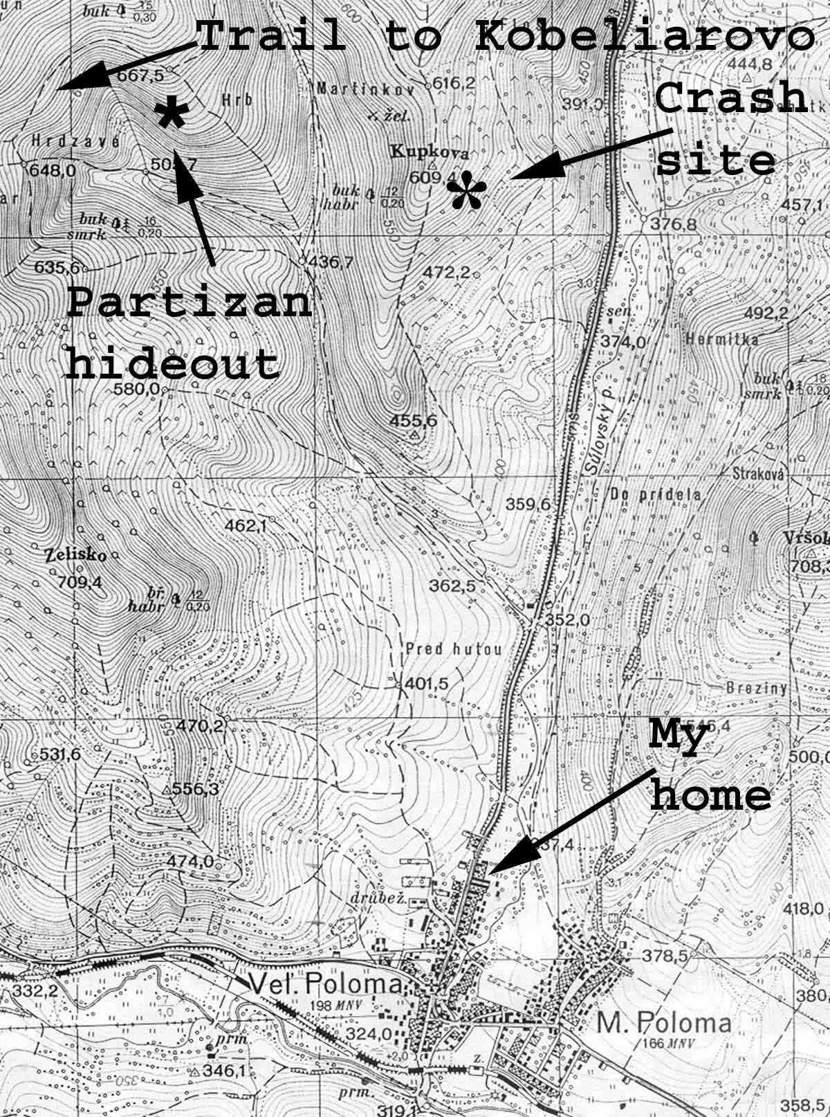 This map shows Vel’ká Poloma with my native home and the location of Russian aircraft‘s crash. It also shows the location of the partizan hideout and the trail from a safe house in Kobeliarovo. (Courtesy John Gargus)