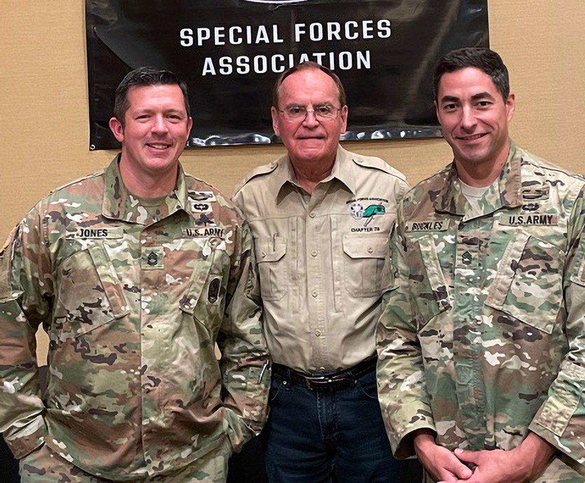 Dennis DeRosia, center, with SFC Michael Jones, left, and SFC Patrick Buckles, right, at the SFA Convention 2021 after the SF Medic Forum.