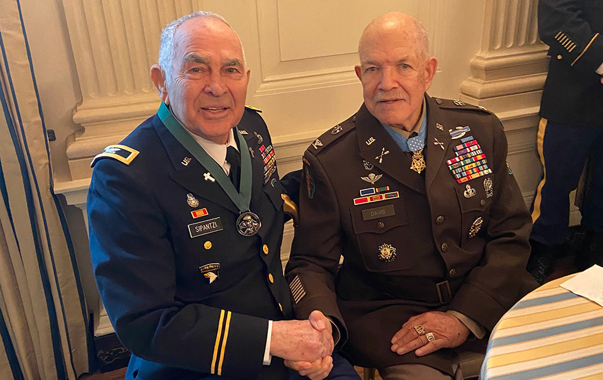 At left, COL (Ret.) Vahan Sipantzi with COL (Ret.) Paris D. Davis, at right, after the ceremony. Sipantzi’s son was an A-Team leader under Paris Davis. (Photo courtesy Vahan Sipantzi)