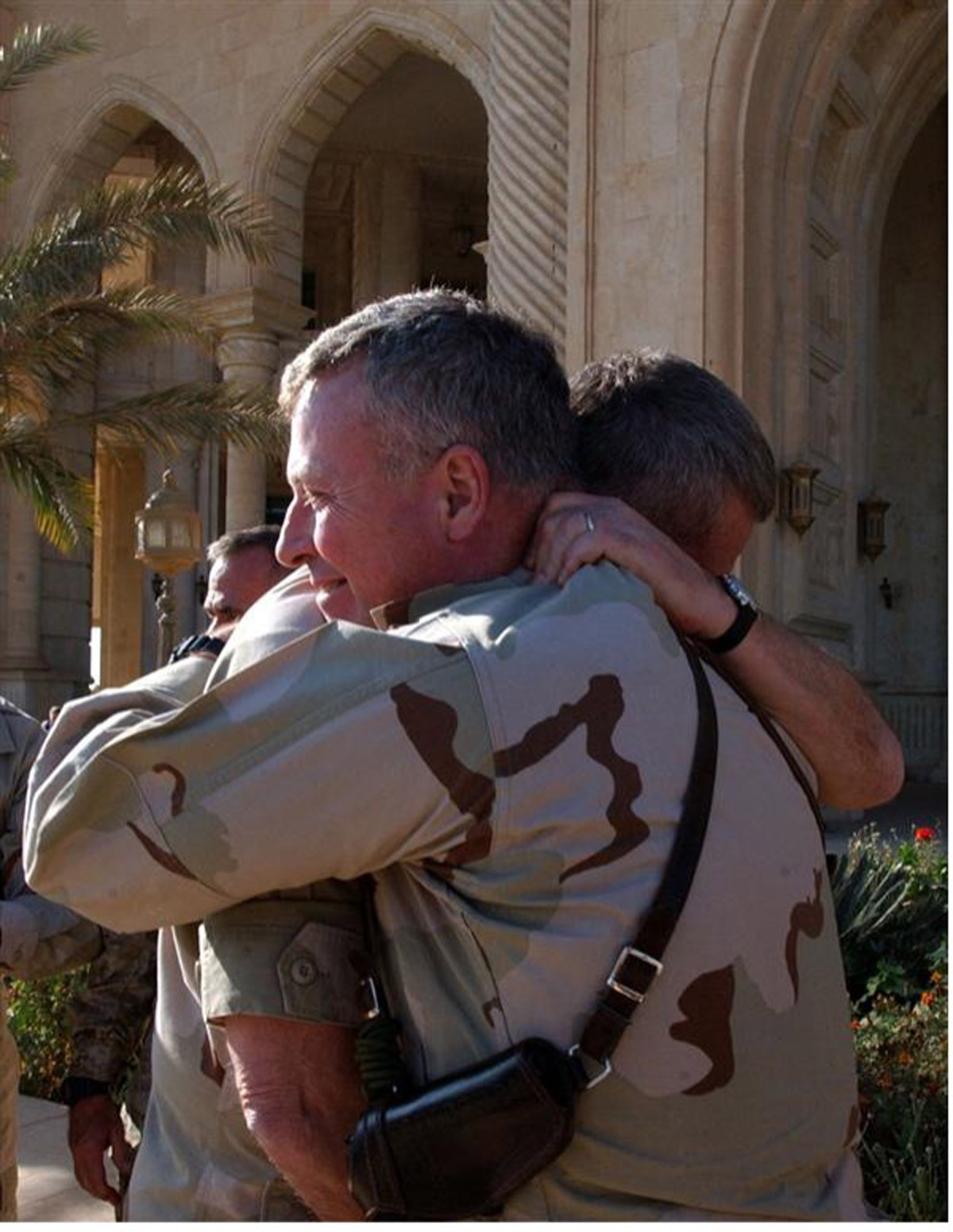 As Baghdad was being secured General David McKiernan and General Tommy Franks congratulate each other at McKiernan’s early entry command post on Camp Victory. McKiernan’s support for SOF ensured this critical resource was used appropriately and to its maximum potential. (Author Collection)