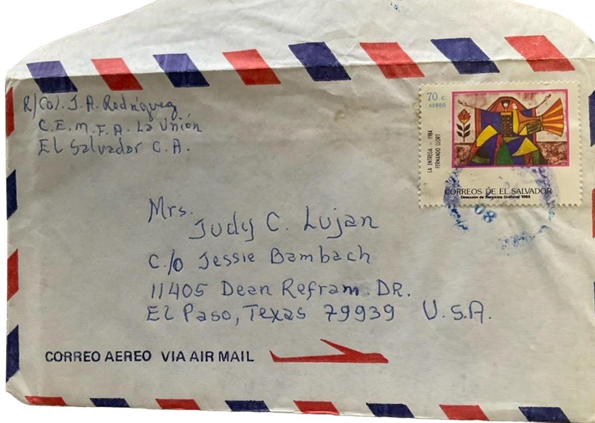 Airmail envelope to Mrs. Judy Lujan from Coronel Juan Armando Rodriguez Mendoza, Executive Officer, CEMFA