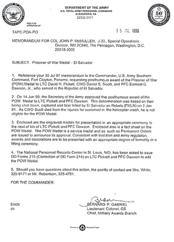 Letter from the Department of Army to John McMullen dated 15 July 1999 noting the approval of the POW Medal for LTC Picket and PFC Dawson.