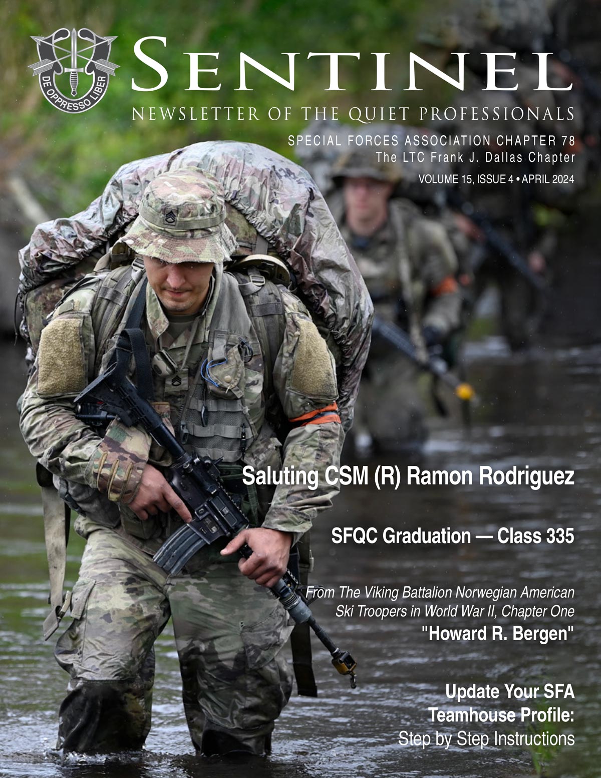 April 2024 Sentinel cover depicting Special Forces candidates assigned to the U.S. Army JFK Special Warfare Center and School move through a swamp during the final phase of field training known as Robin Sage near Hoffman, North Carolina. (U.S. Army photo by K. Kassens)