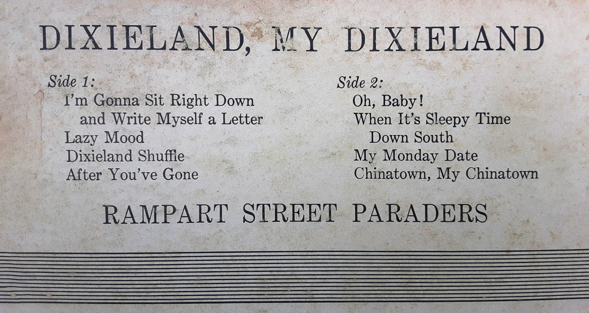 Rampart Street Players "Dixieland, My Dixieland" record sleeve with Side A and Side B listings. The last song on side B is Chinatown, My Chinatown.